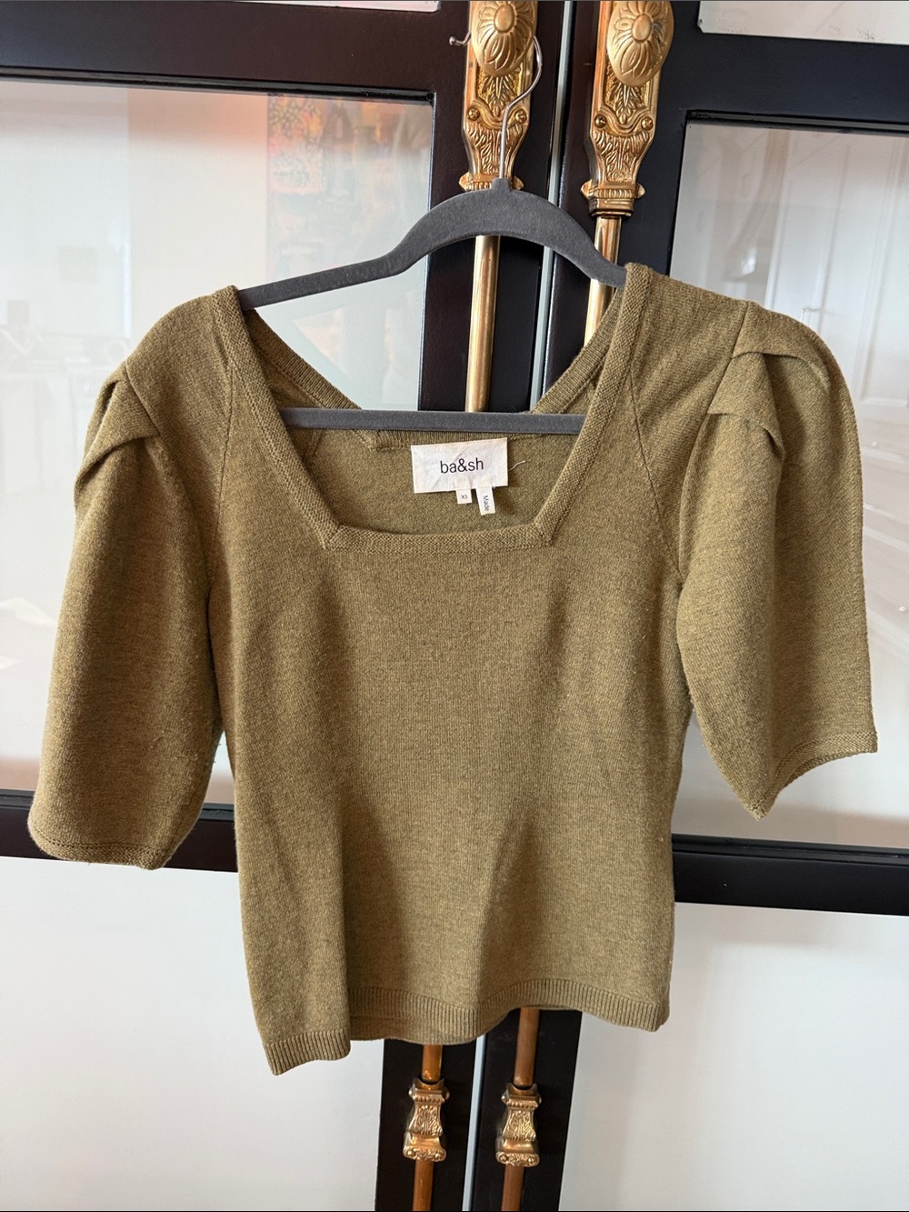 ba&sh Olive Square Neck Puff Sleeve sweater Top